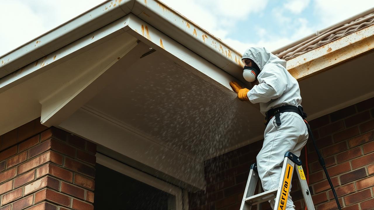 Licensed asbestos removalist on a scaffold removing asbestos eaves and soffit sheeting from a Sydney home