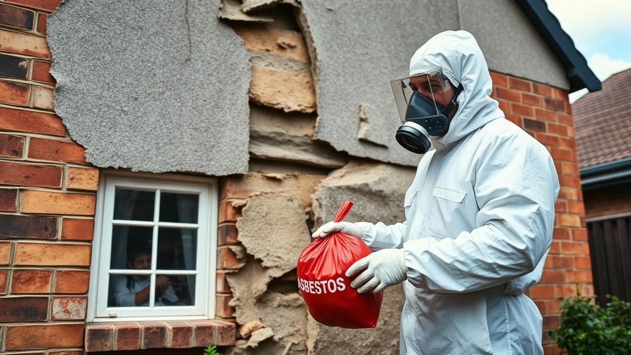 ARSN licensed residential asbestos removalist in full PPE removing bonded fibro wall sheeting from a Sydney home