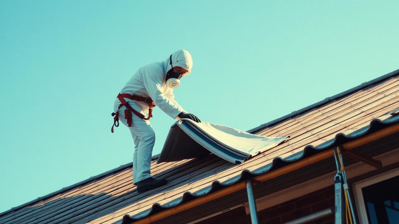 Licensed asbestos roof removalist dismantling Super Six asbestos cement roof sheets on a Sydney property with dust suppression
