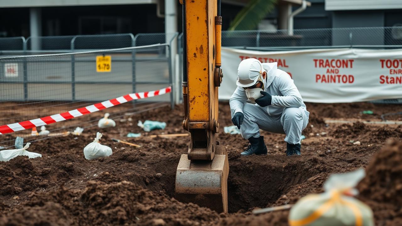 Asbestos soil remediation crew excavating asbestos-contaminated soil from a Sydney site under controlled conditions